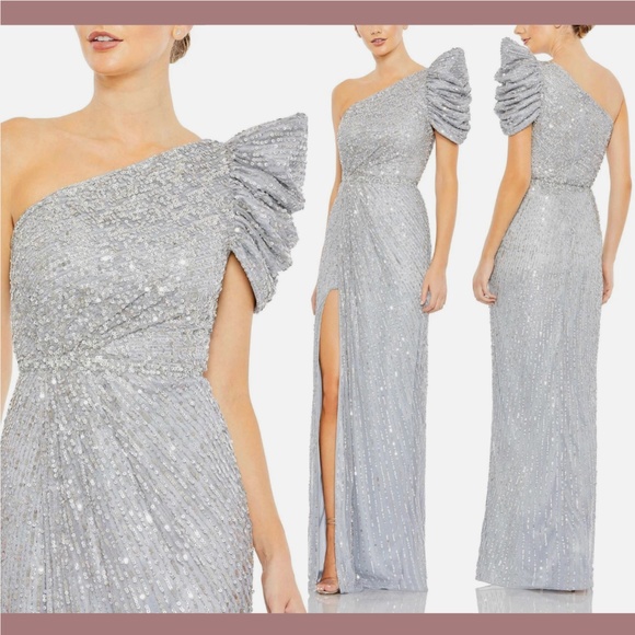 NWT $538 Mac Duggal [ 8‎ ] Embellished Puff One Shoulder Gown In Silver